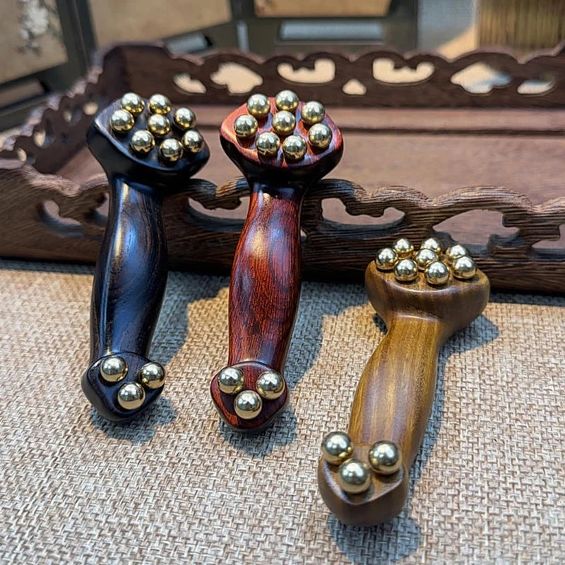 〔San〕Double Ended Facial Fascia Lifting Tool With 11 Brass Gold Bead Sandalwood Cheek Eyes Beauty Massage Gua Sha Stick Point