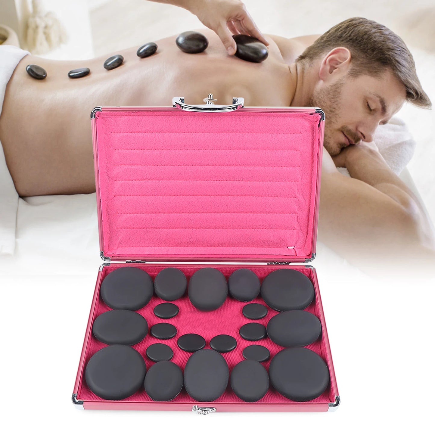 Hot Massage Stone Set, SPA Hot Rocks Relaxing Massage Stone Set W/ Box 4 Specifications for SPA Treatment Massage Therapy 20 Pcs