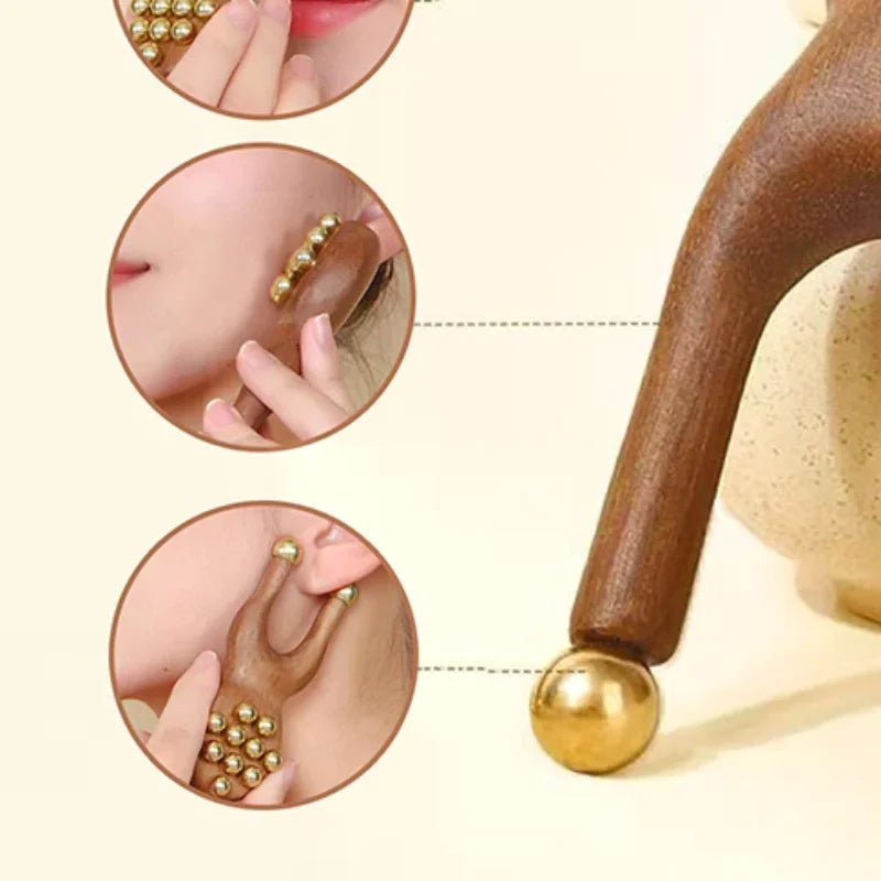 Wooden Nose Guasha Massage Tool Brass Bead Handheld Comb Antistatic For Face Nose Eye Relaxation Spot Meridians Acupoint