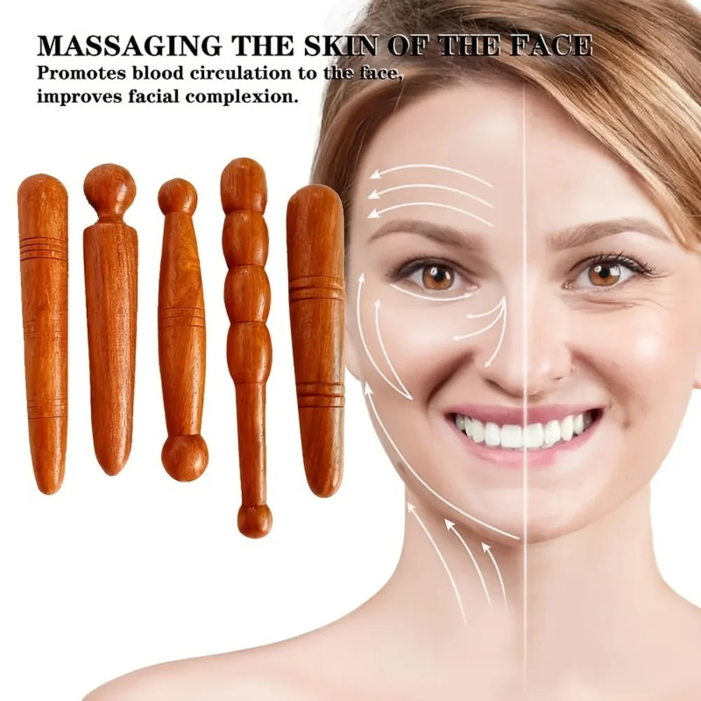5-Pack Natural Redwood Meridian Manual Massage Sticks, Plastic-Free Acupoint Massage Aids for Face and Body