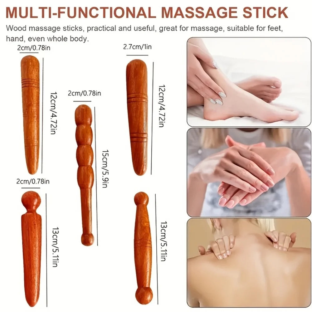 5-Pack Natural Redwood Meridian Manual Massage Sticks, Plastic-Free Acupoint Massage Aids for Face and Body