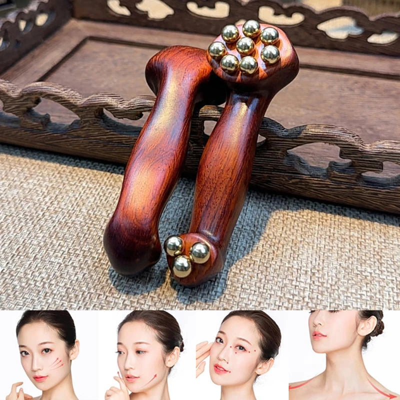 〔San〕Double Ended Facial Fascia Lifting Tool With 11 Brass Gold Bead Sandalwood Cheek Eyes Beauty Massage Gua Sha Stick Point