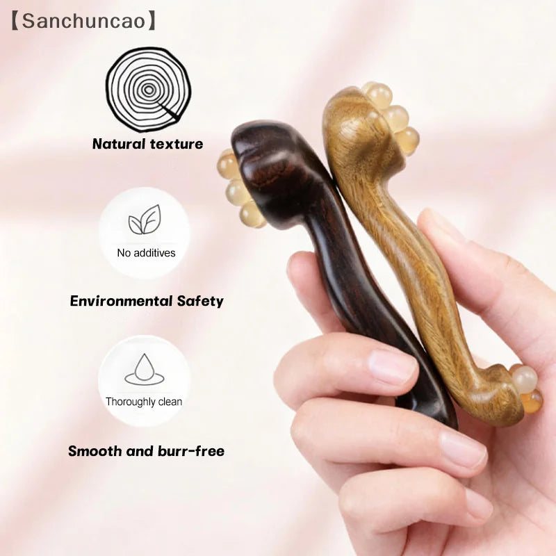 〔San〕Double Ended Facial Fascia Lifting Tool With 11 Brass Gold Bead Sandalwood Cheek Eyes Beauty Massage Gua Sha Stick Point