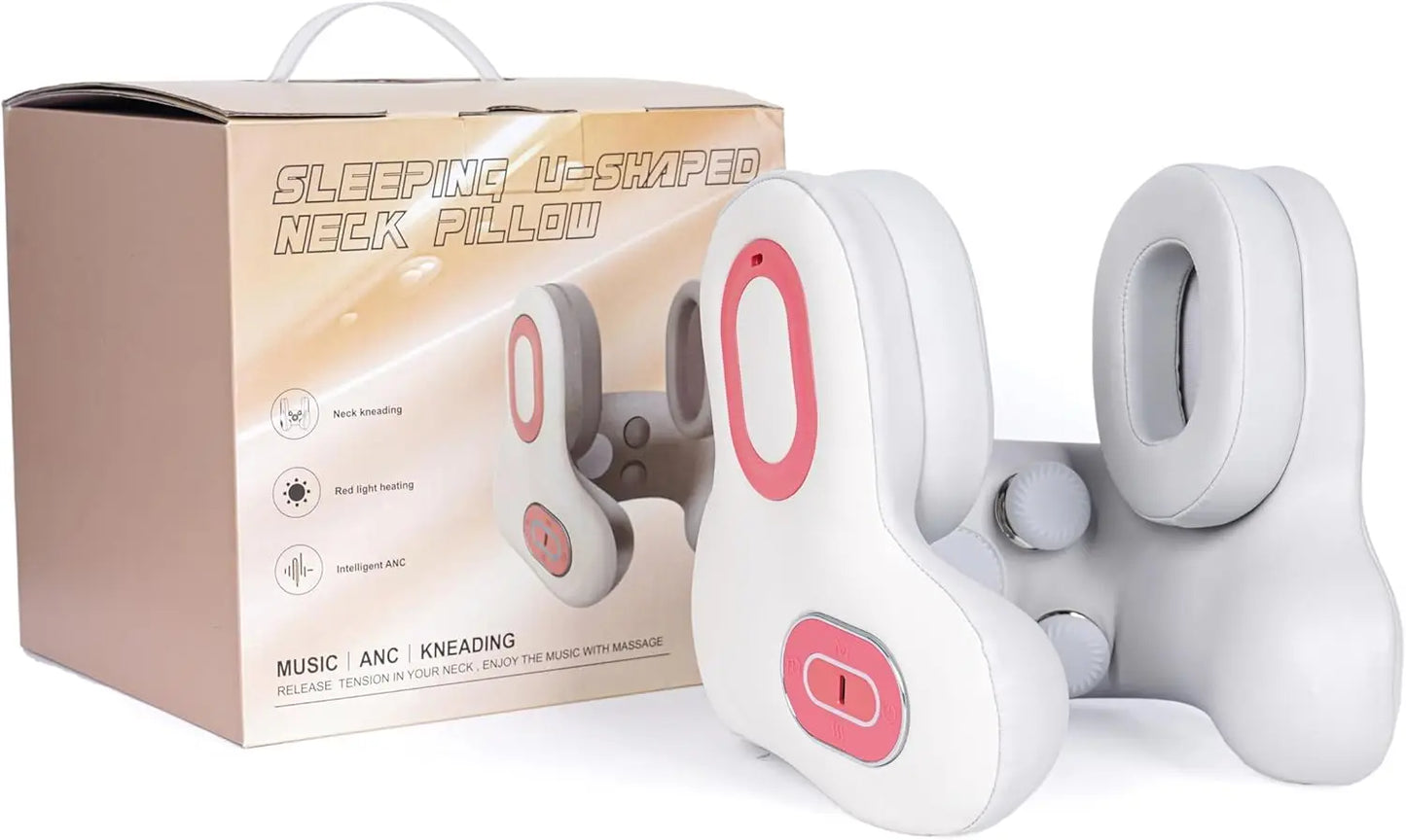 3 in1 Neck Pillow for Travel, Bluetooth Noise-Canceling Headset with Neck Massager and Heat, U-Shape Memory Foam Airplane Pillow