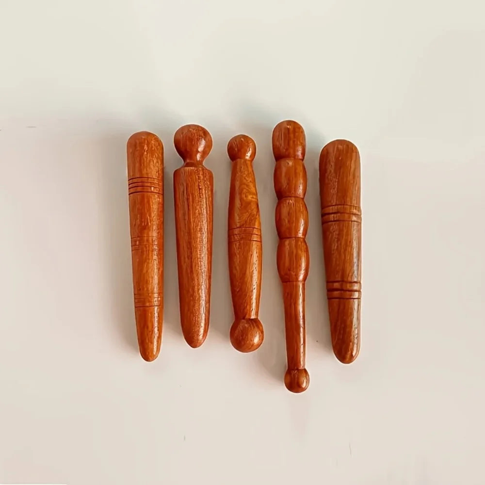 5-Pack Natural Redwood Meridian Manual Massage Sticks, Plastic-Free Acupoint Massage Aids for Face and Body