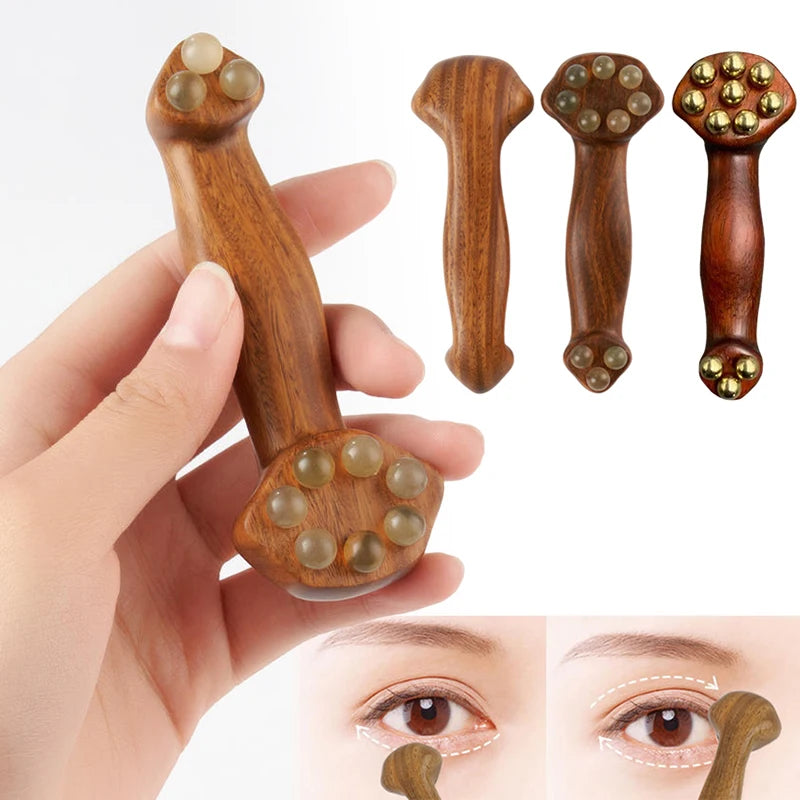 〔San〕Double Ended Facial Fascia Lifting Tool With 11 Brass Gold Bead Sandalwood Cheek Eyes Beauty Massage Gua Sha Stick Point