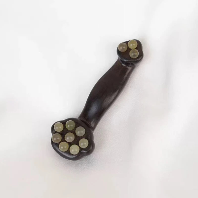 〔San〕Double Ended Facial Fascia Lifting Tool With 11 Brass Gold Bead Sandalwood Cheek Eyes Beauty Massage Gua Sha Stick Point