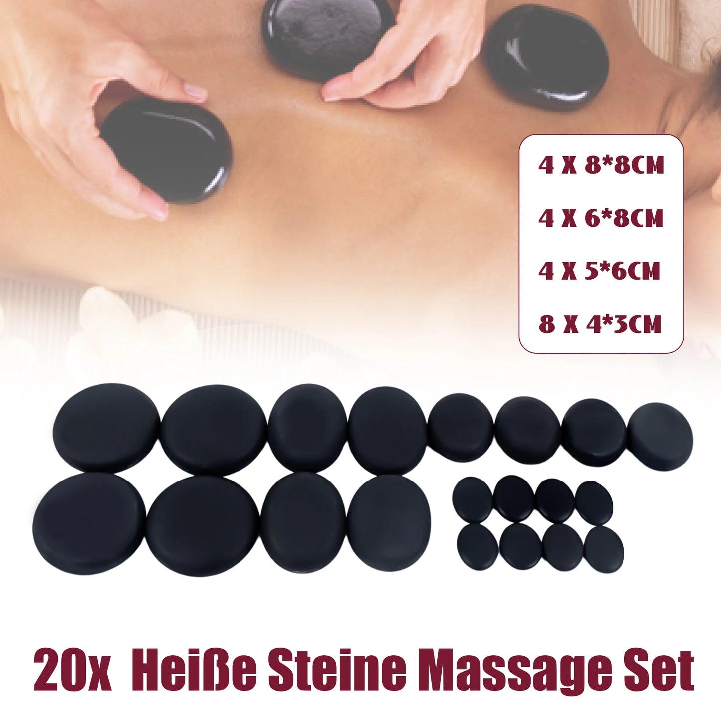 Hot Massage Stone Set, SPA Hot Rocks Relaxing Massage Stone Set W/ Box 4 Specifications for SPA Treatment Massage Therapy 20 Pcs