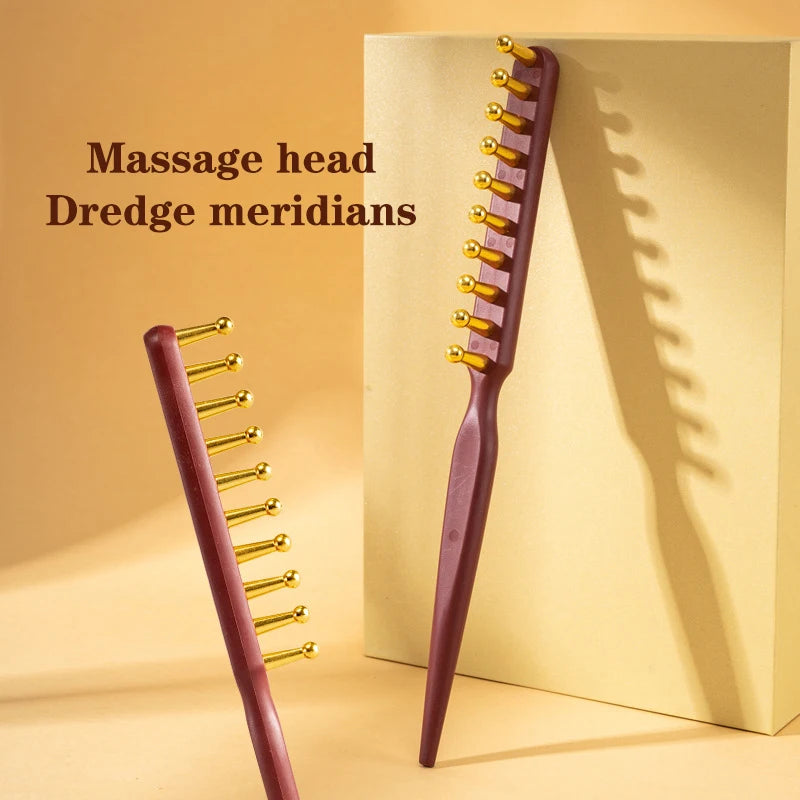 ♥Head Meridians Massage Comb Copper Wood Meridians Comb Needling Guasha Scalp Relax Tools