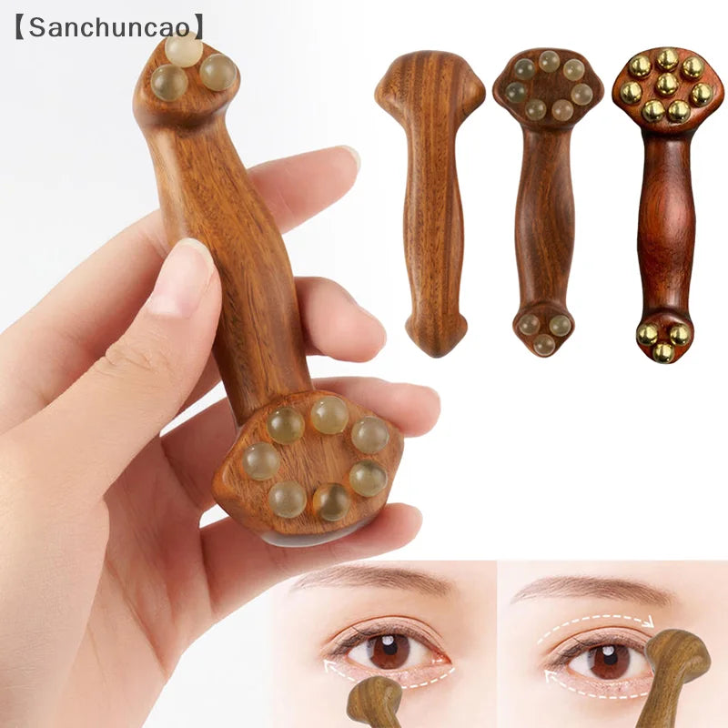 〔San〕Double Ended Facial Fascia Lifting Tool With 11 Brass Gold Bead Sandalwood Cheek Eyes Beauty Massage Gua Sha Stick Point