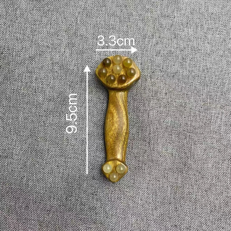 〔San〕Double Ended Facial Fascia Lifting Tool With 11 Brass Gold Bead Sandalwood Cheek Eyes Beauty Massage Gua Sha Stick Point