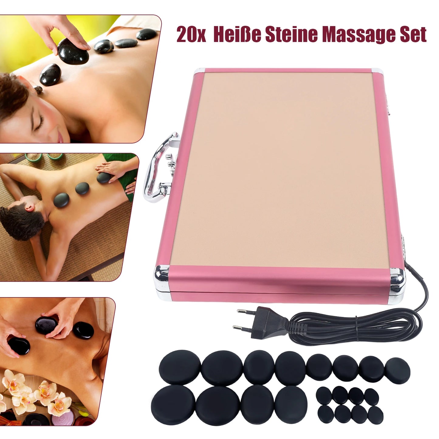 Hot Massage Stone Set, SPA Hot Rocks Relaxing Massage Stone Set W/ Box 4 Specifications for SPA Treatment Massage Therapy 20 Pcs