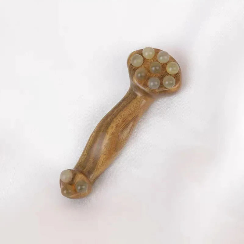 〔San〕Double Ended Facial Fascia Lifting Tool With 11 Brass Gold Bead Sandalwood Cheek Eyes Beauty Massage Gua Sha Stick Point