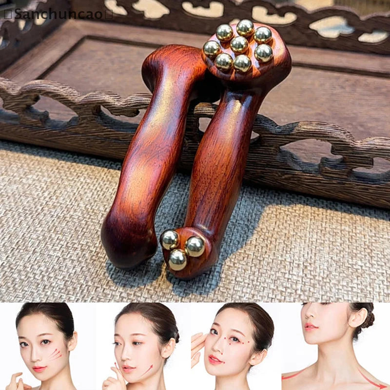 〔San〕Double Ended Facial Fascia Lifting Tool With 11 Brass Gold Bead Sandalwood Cheek Eyes Beauty Massage Gua Sha Stick Point
