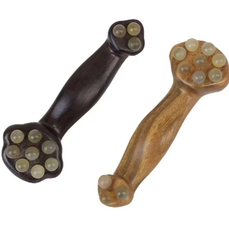 〔San〕Double Ended Facial Fascia Lifting Tool With 11 Brass Gold Bead Sandalwood Cheek Eyes Beauty Massage Gua Sha Stick Point