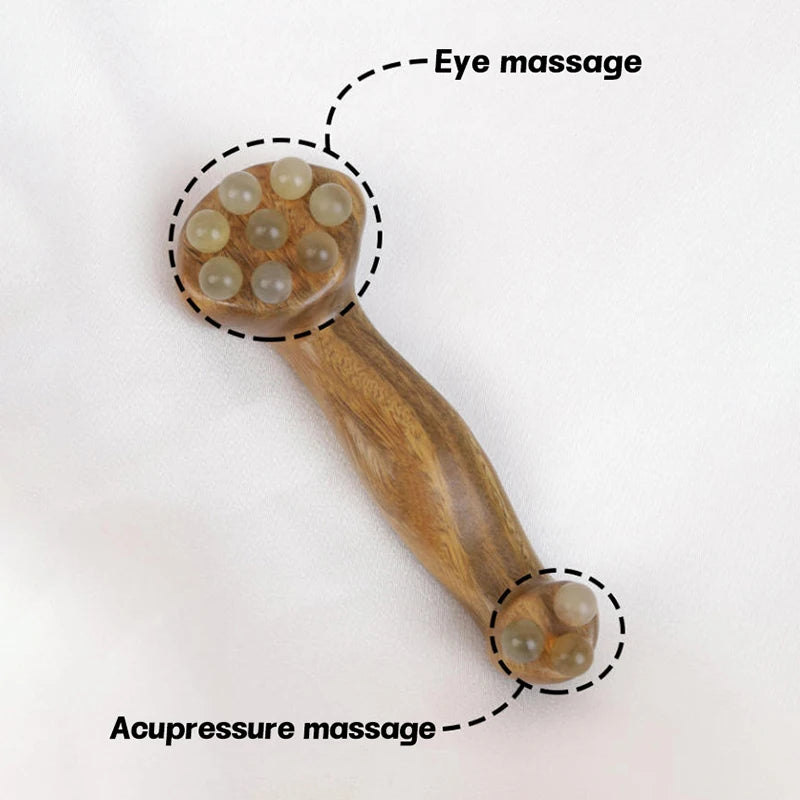 〔San〕Double Ended Facial Fascia Lifting Tool With 11 Brass Gold Bead Sandalwood Cheek Eyes Beauty Massage Gua Sha Stick Point