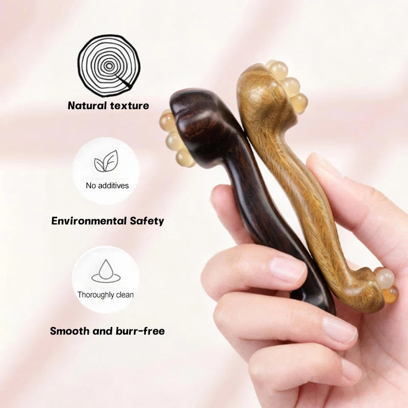 〔San〕Double Ended Facial Fascia Lifting Tool With 11 Brass Gold Bead Sandalwood Cheek Eyes Beauty Massage Gua Sha Stick Point