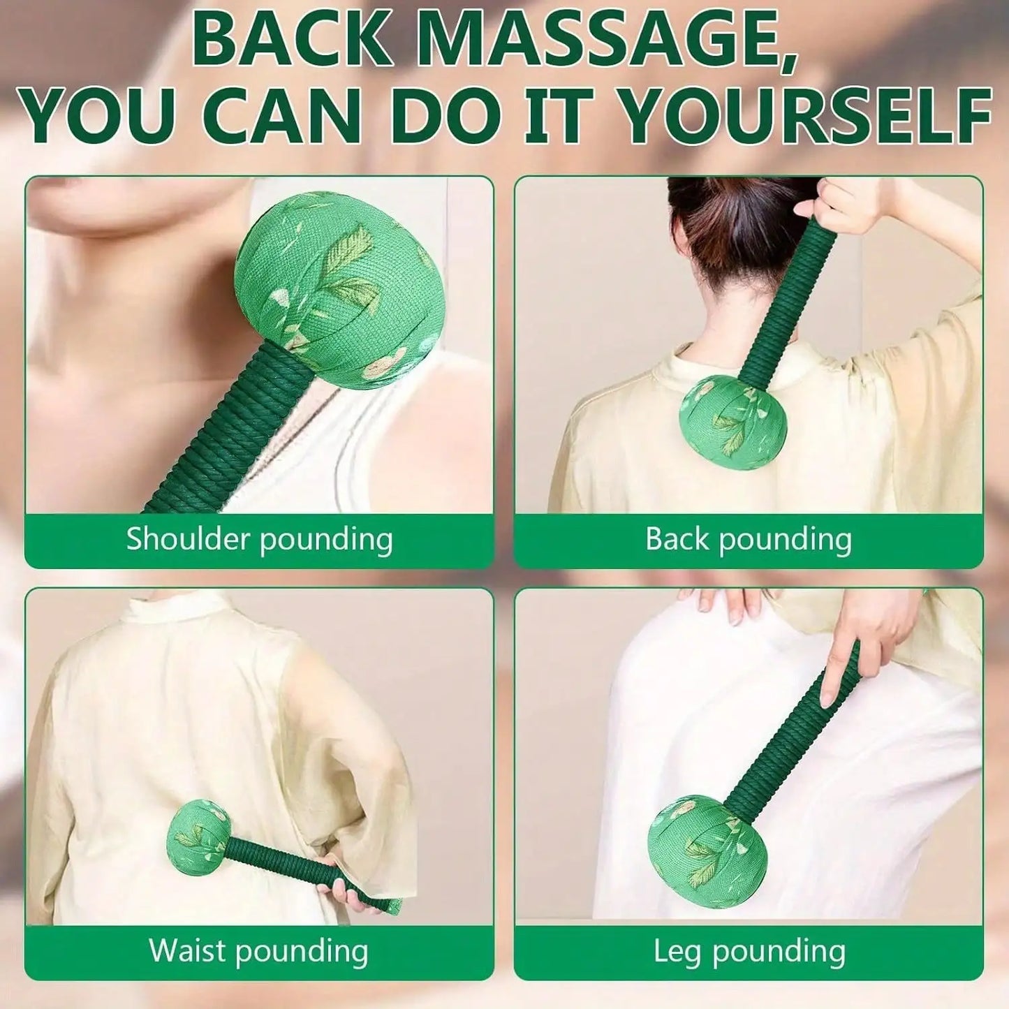 Long-Handled Wormwood Massage Hammer for Lymphatic Drainage - Manual Full Body & Back Relief, Stress Reduction, Nylon Material