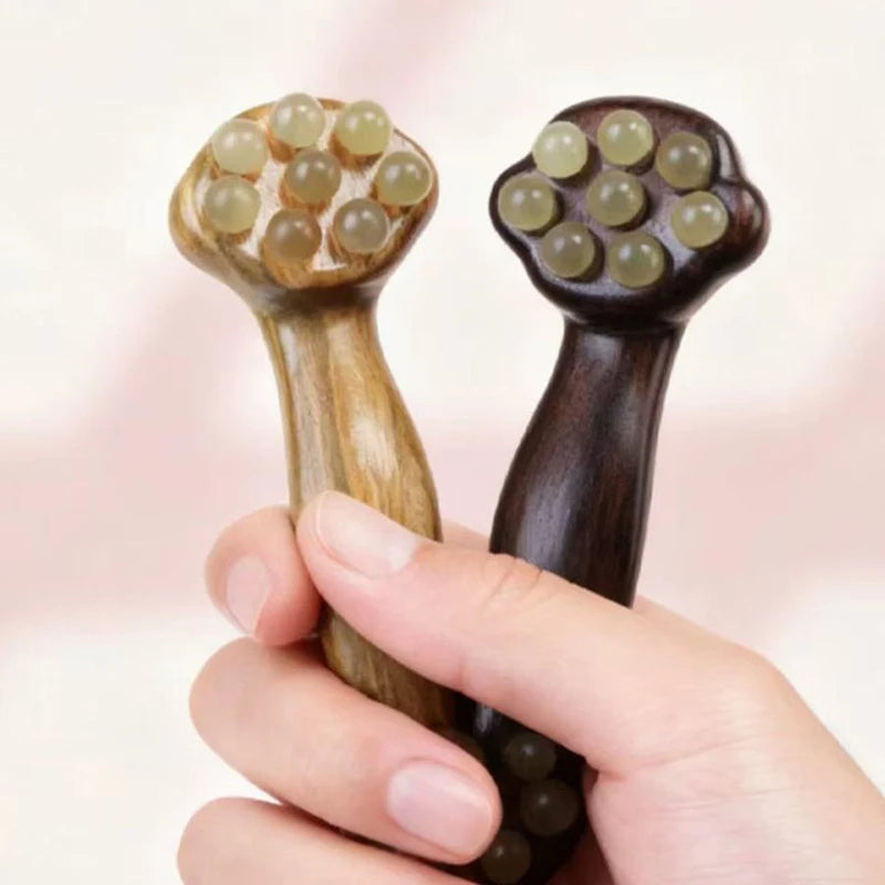 〔San〕Double Ended Facial Fascia Lifting Tool With 11 Brass Gold Bead Sandalwood Cheek Eyes Beauty Massage Gua Sha Stick Point