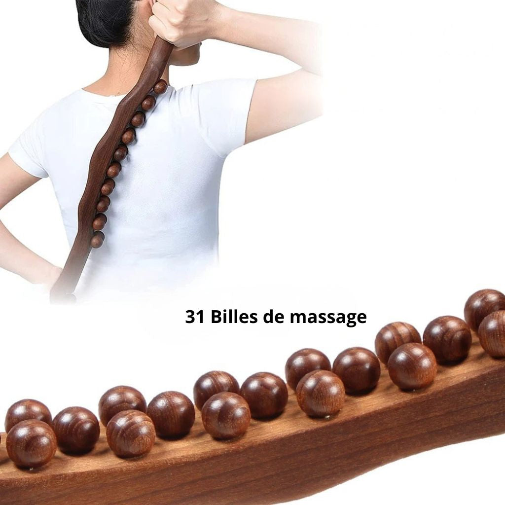 Bâton de Massage Gua Sha en Bois — 31 Billes Multizone Dos, Nuque, Jambes et Abdomen