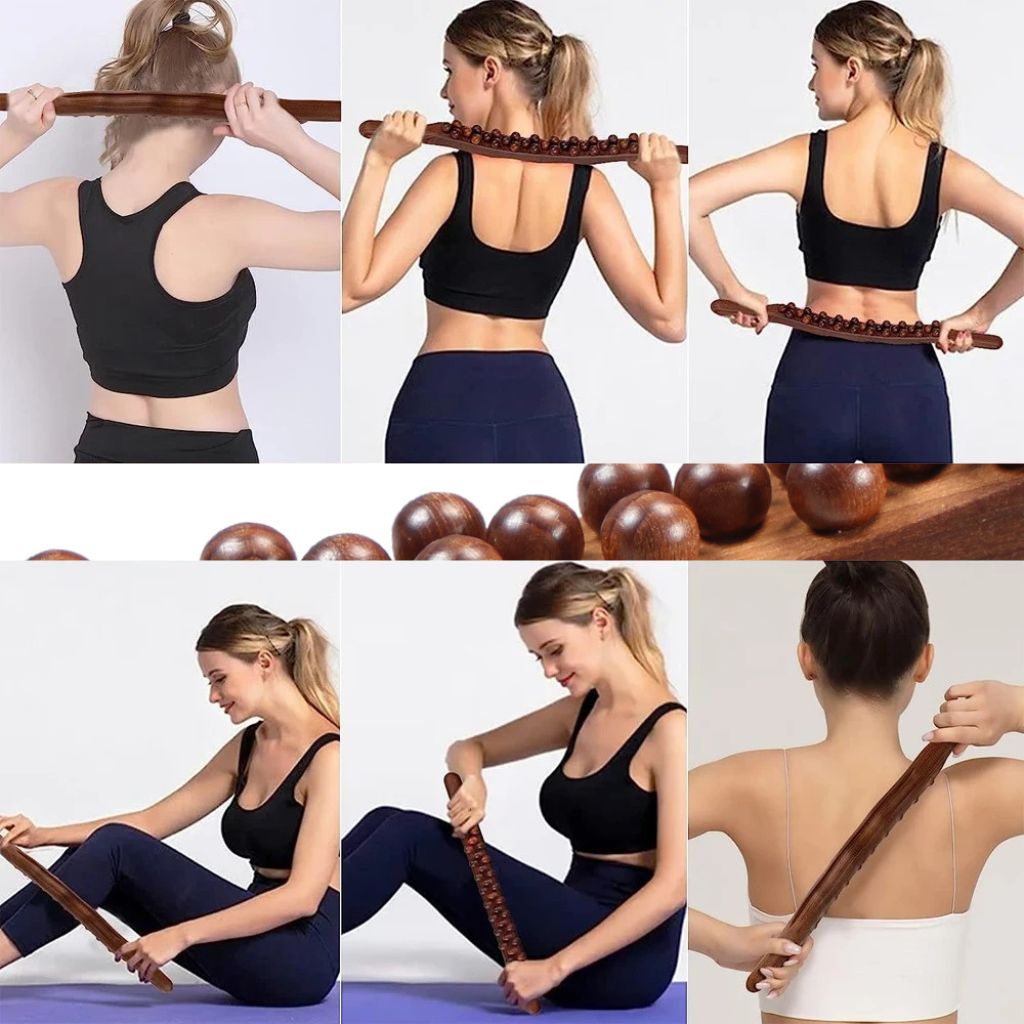 Femme utilisant un bâton de massage en bois Gua Sha sur le dos, la nuque, les épaules et les jambes en position assise