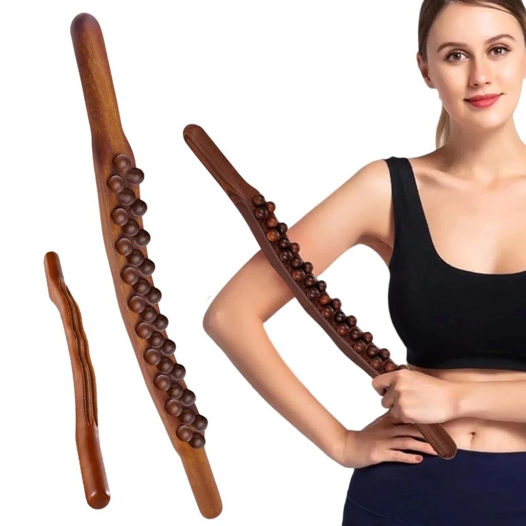 Bâton de Massage Gua Sha en Bois — 31 Billes Multizone Dos, Nuque, Jambes et Abdomen