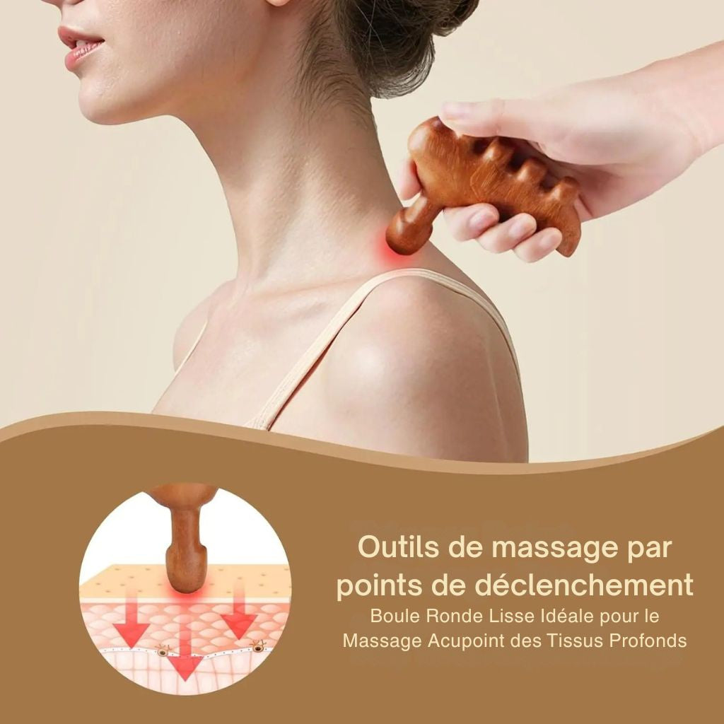 Femme massant un point de pression sur sa nuque avec l'outil Gua Sha en bois, schéma de pénétration cutanée en médaillon