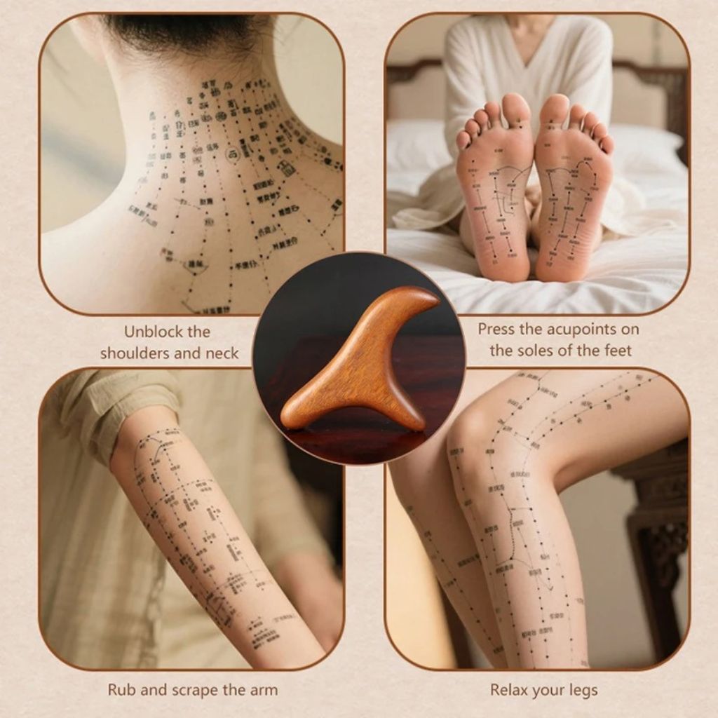 Outil Gua Sha en bois de santal en médaillon entouré de schémas des points de pression et méridiens sur la nuque, les pieds, le bras et la jambe