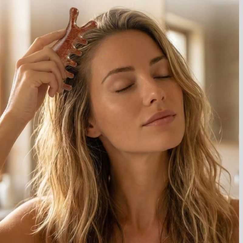 Masseur Gua Sha en Bois de Santal 4-en-1 — Visage, Nuque, Cuir Chevelu et Corps