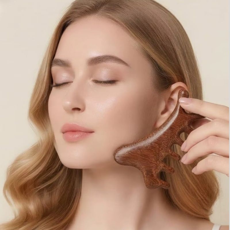 Masseur Gua Sha en Bois de Santal 4-en-1 — Visage, Nuque, Cuir Chevelu et Corps