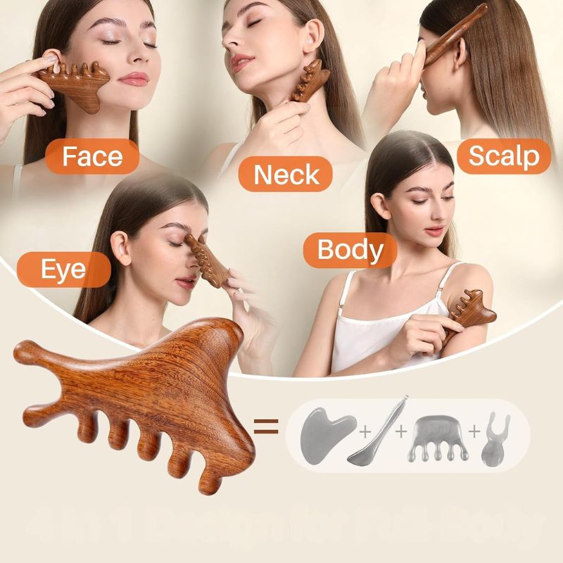 Masseur Gua Sha en Bois de Santal 4-en-1 — Visage, Nuque, Cuir Chevelu et Corps