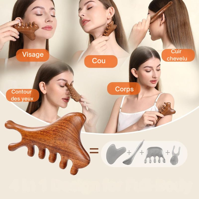 Masseur Gua Sha en Bois de Santal 4-en-1 — Visage, Nuque, Cuir Chevelu et Corps