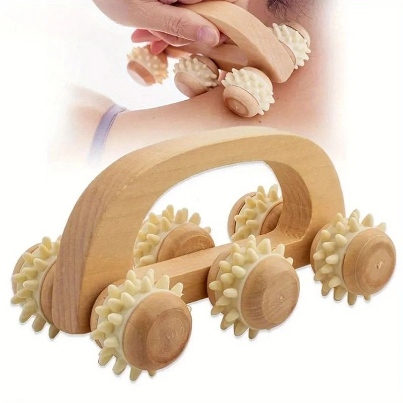 Masseur en Bois 6 Rouleaux Silicone — Nuque, Dos, Jambes et Tissus Profonds