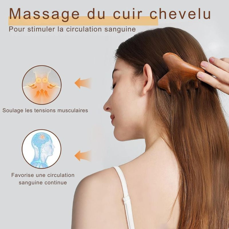 Masseur Gua Sha en Bois de Santal 4-en-1 — Visage, Nuque, Cuir Chevelu et Corps