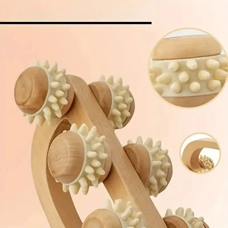 Masseur en Bois 6 Rouleaux Silicone — Nuque, Dos, Jambes et Tissus Profonds