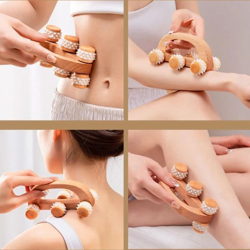 Masseur en Bois 6 Rouleaux Silicone — Nuque, Dos, Jambes et Tissus Profonds