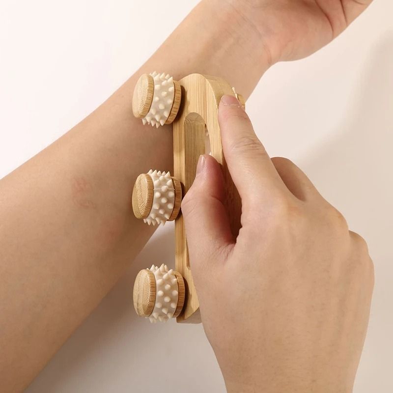Masseur en Bois 6 Rouleaux Silicone — Nuque, Dos, Jambes et Tissus Profonds