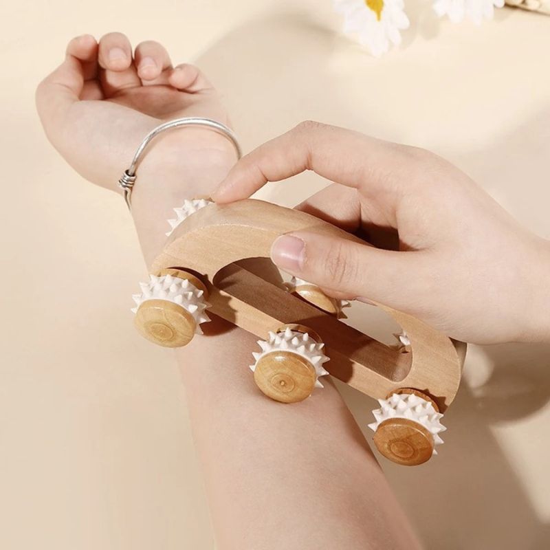 Masseur en Bois 6 Rouleaux Silicone — Nuque, Dos, Jambes et Tissus Profonds