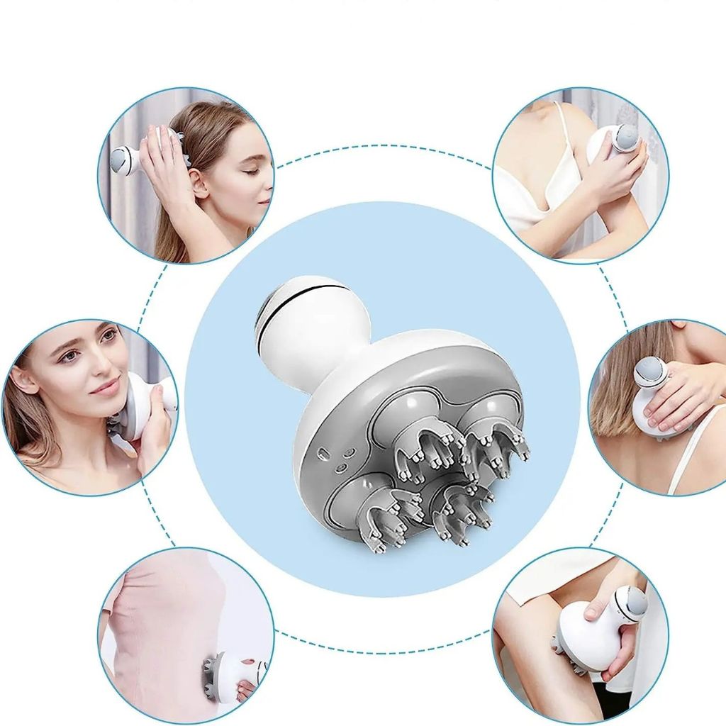 Quatre vignettes montrant le masseur crânien électrique Soulavi utilisé sur le cuir chevelu, la nuque et le front
