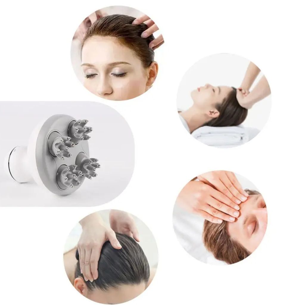 Infographie montrant les 6 zones d'utilisation du masseur Soulavi : tête, épaule, nuque, dos, bras et jambe