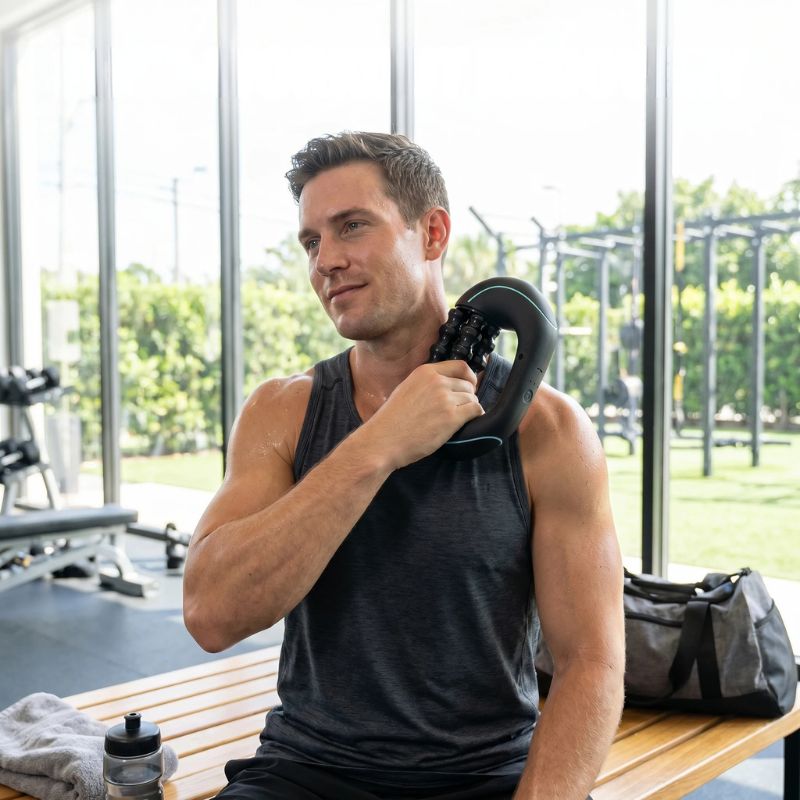 Sportif utilisant le masseur électrique Soulavi sur l'épaule en salle de sport — récupération après entraînement