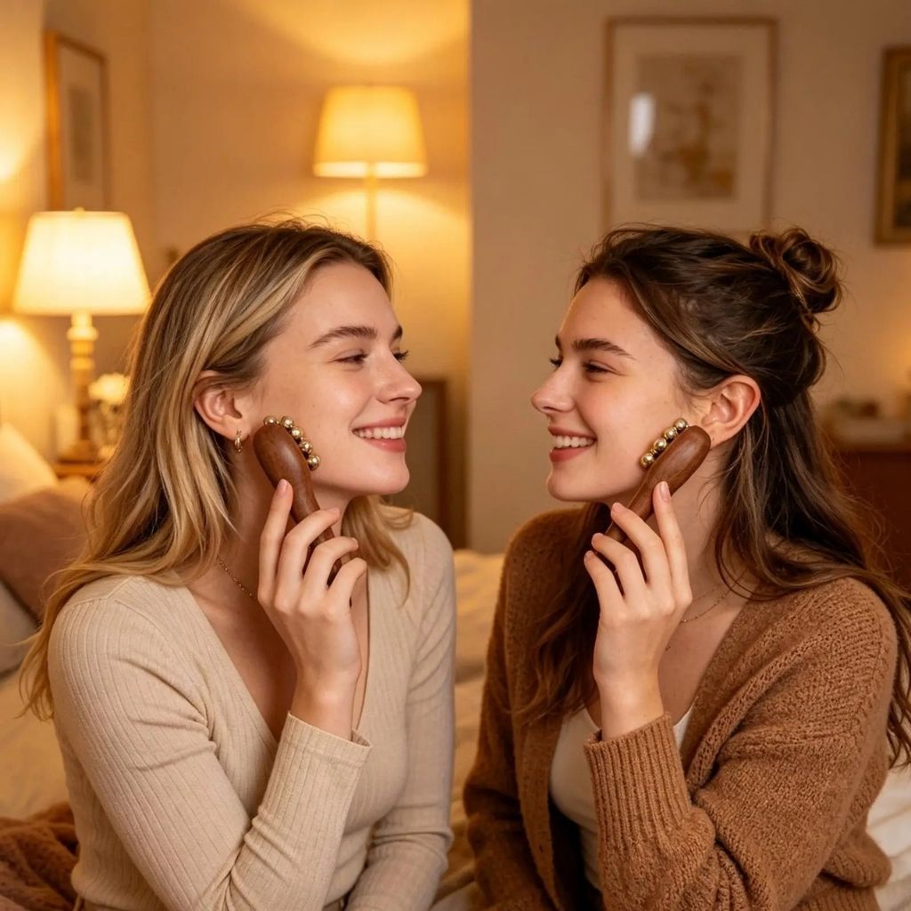 Deux femmes souriantes face à face utilisant chacune le masseur facial en bois sur leur joue
