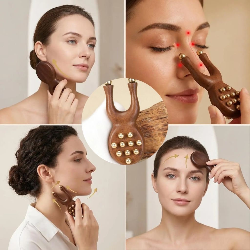 Quatre vignettes montrant le masseur facial en bois utilisé sur la joue, le contour des yeux, la mâchoire et le front avec flèches de mouvement