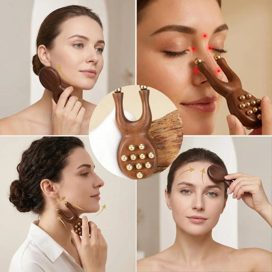 Quatre vignettes montrant le masseur facial en bois utilisé sur la joue, le contour des yeux, la mâchoire et le front avec flèches de mouvement