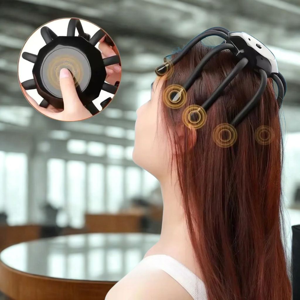 Femme de profil portant le masseur de tête électrique Octopus, médaillon zoomé sur le bouton de contrôle central
