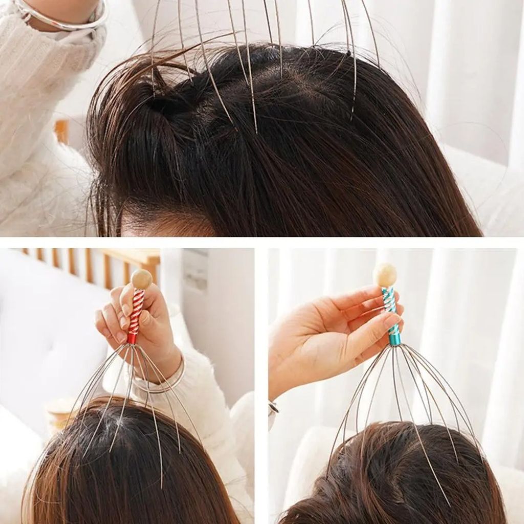 Trois vignettes montrant l'utilisation du masseur de tête Octopus sous différents angles sur les cheveux