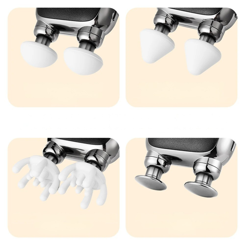 Quatre gros plans des têtes interchangeables du mini pistolet de massage : dôme, cône, main et embout plat métallique