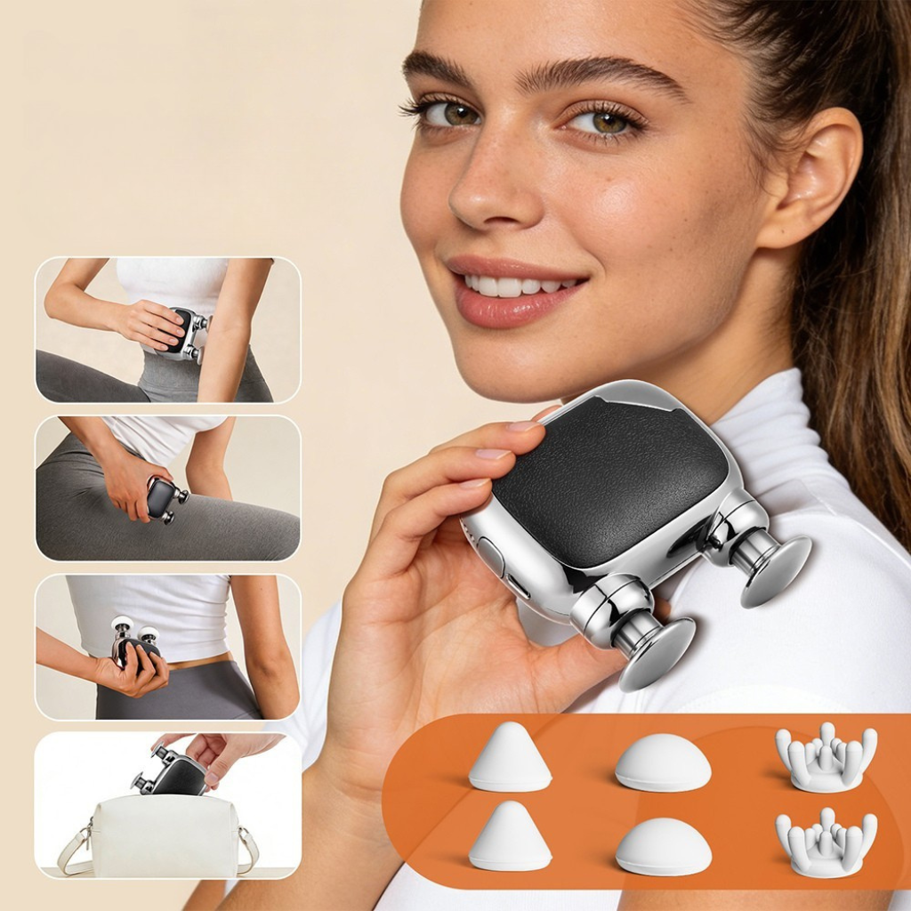 Femme souriante tenant le mini pistolet de massage, quatre vignettes d'usage sur la taille, la hanche, le dos et rangé dans un sac à main