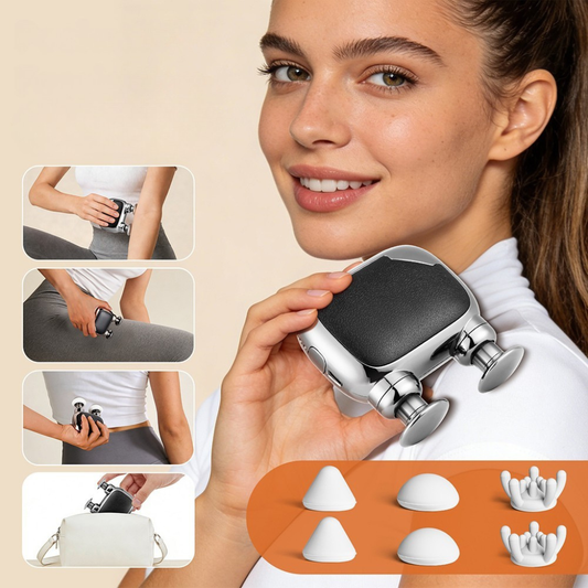 Femme souriante tenant le mini pistolet de massage, quatre vignettes d'usage sur la taille, la hanche, le dos et rangé dans un sac à main
