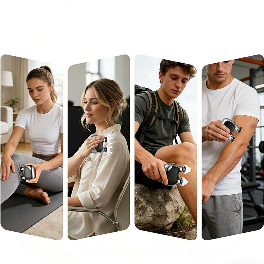 Quatre vignettes montrant le mini pistolet de massage utilisé en situation de yoga, bureau, randonnée et salle de sport